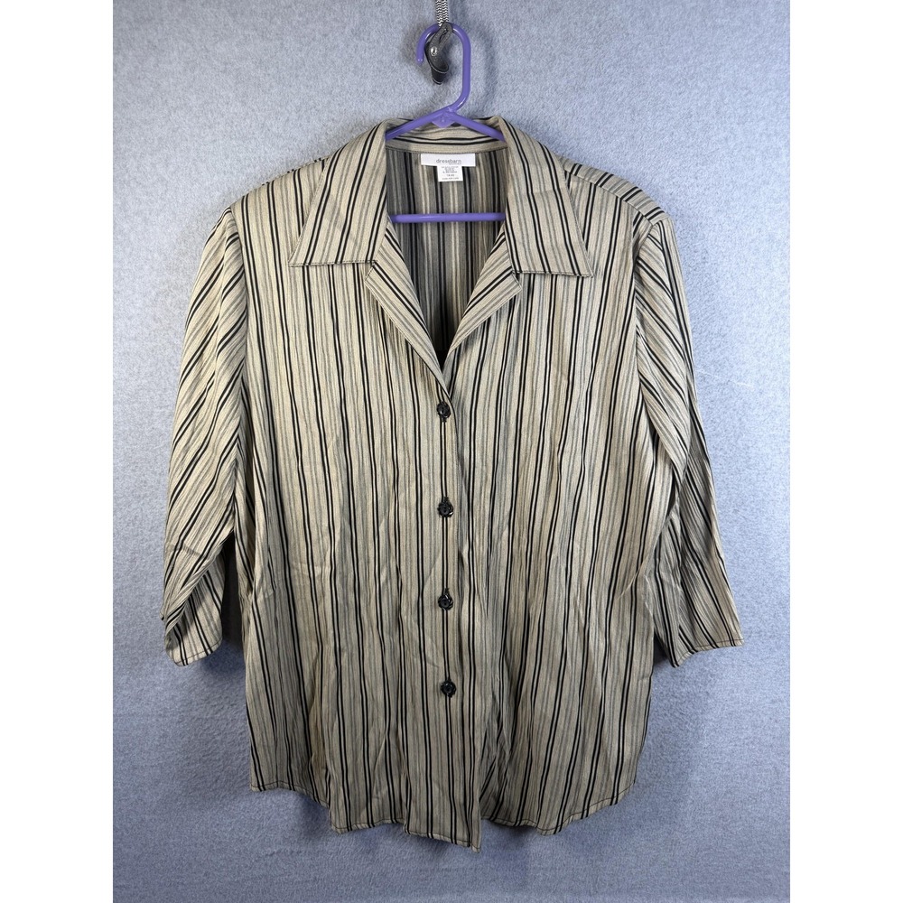 Dressbarn Shirt Womens 18/20 Beige Collared Striped 3/4 Sleeve Button Plus Top